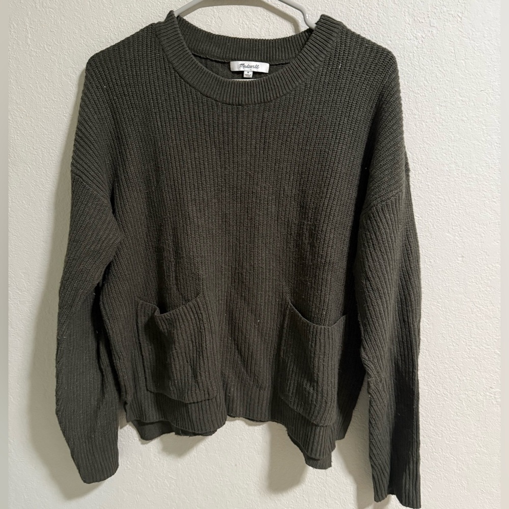 Madewell Olive Green Ribbed Sweater with Front Pockets (Size M)